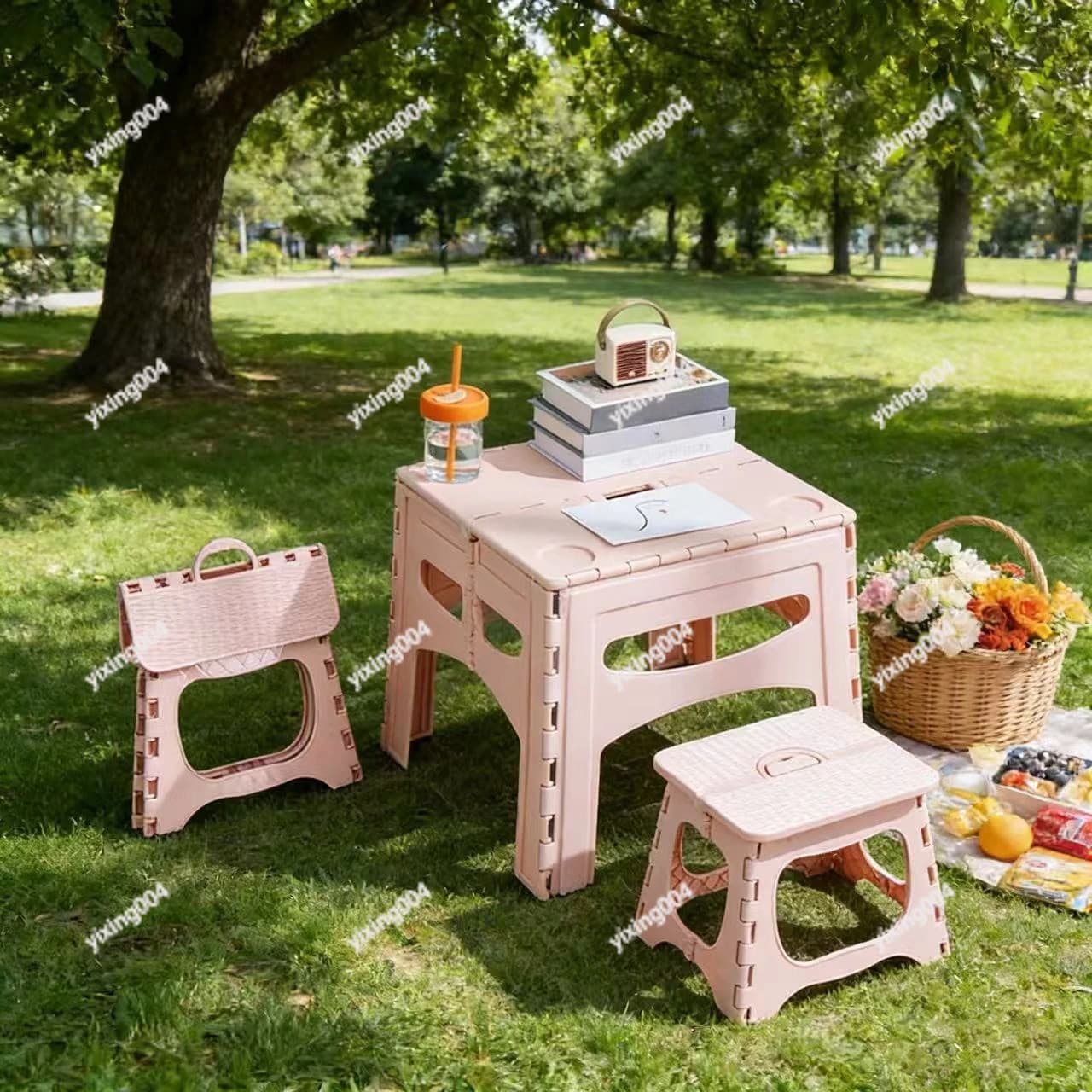 Portable Plastic Folding Table, Kids Study Drawing Desk Set for Picnic Camping Outdoor Travel