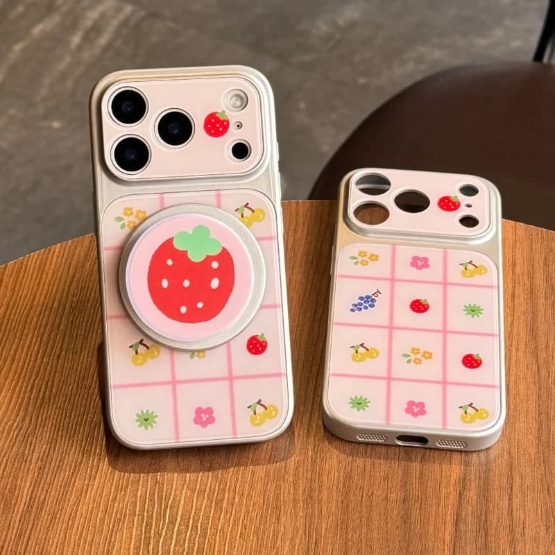 Korean Pink Plaid Pattern Cute Flower Strawberry Cherry Magnetic Phone Case For iPhone 17 Pro 16 15 Pro Max Cover with Stand Cas
