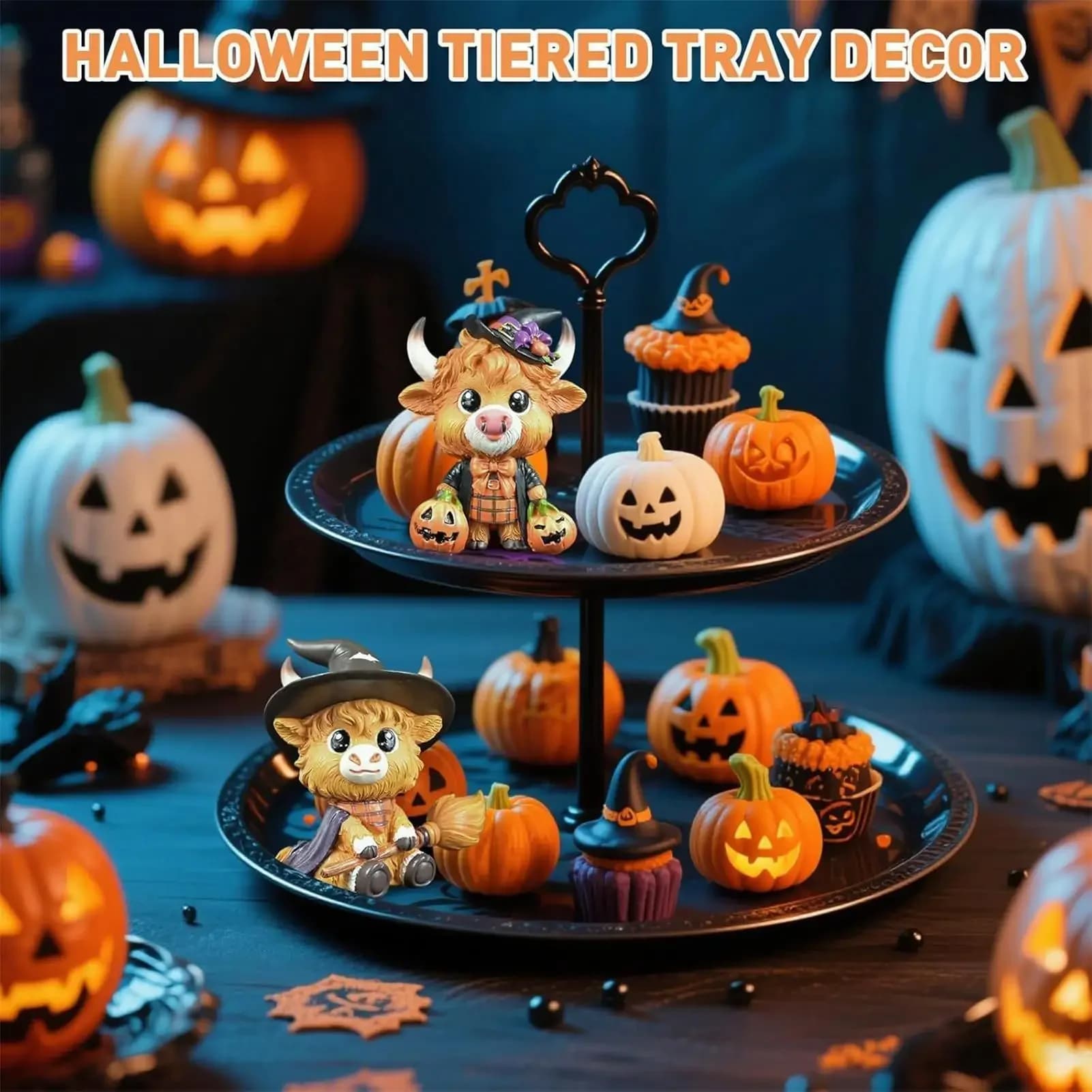 Highland Cow Halloween Statue Highland Cattle Gnome Statue Resin Animal Figurine Festive Halloween Decorations For Mantel Shelf