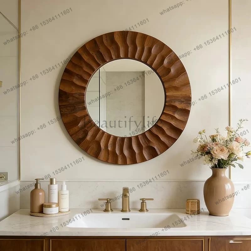 American retro bathroom mirror, antique round wall-mounted cosmetic mirror in the bathroom, entrance wall-mounted