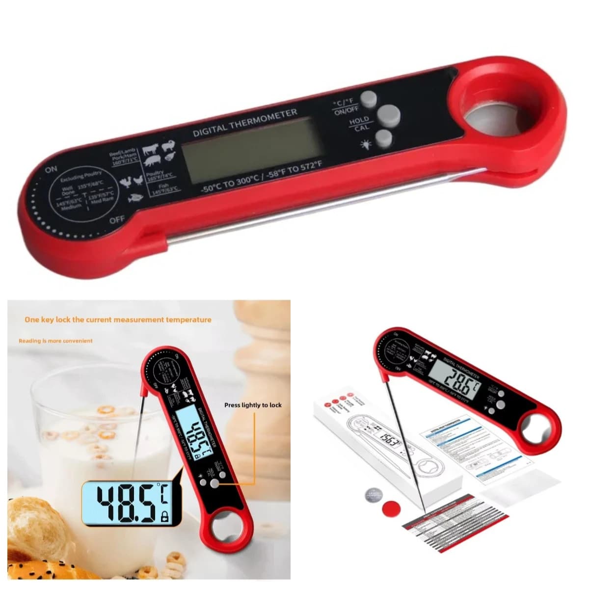 Meat Grilling & Kitchen Cooking Thermometer, Foldable Probe Digital Food Temperature Monitor for BBQ Baking