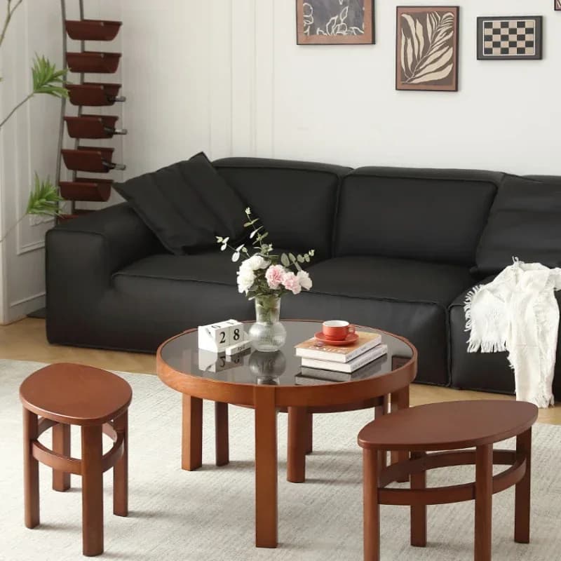 Solid wood coffee table small apartment living room household round glass set