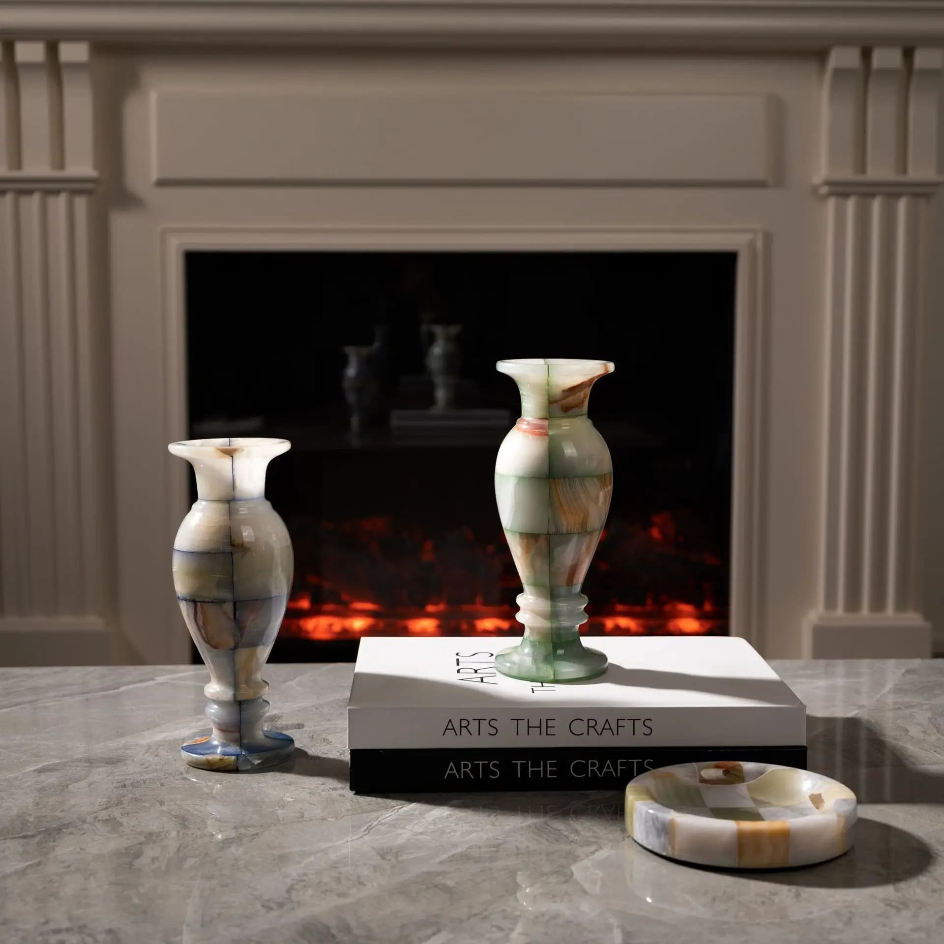 Handmade Natural Onyx Vase & Round Tray Set, Old Money Style Home Decor Ornament For Coffee Table Living Room