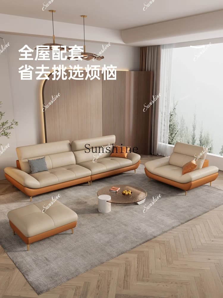 Italian light luxury leather sofa, simple modern three-person straight row retro cream in the living roomP
