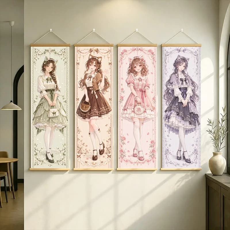 Anime Women in Green, Brown, Pink and Purple Ruffled Dresses Wall Scroll with Vintage Inspired Florals for a Reading Nook