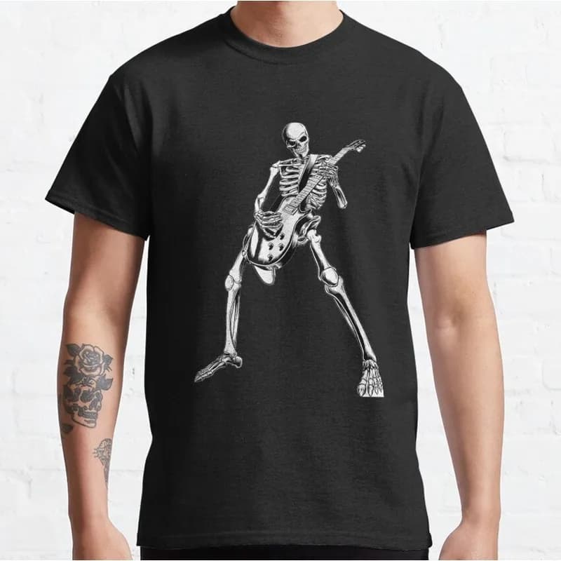 skeleton playing guitar electric Acoustic Graphic T-Shirt for Music Lover Bassist Rock Music Unisex Short Sleeve Tee All size