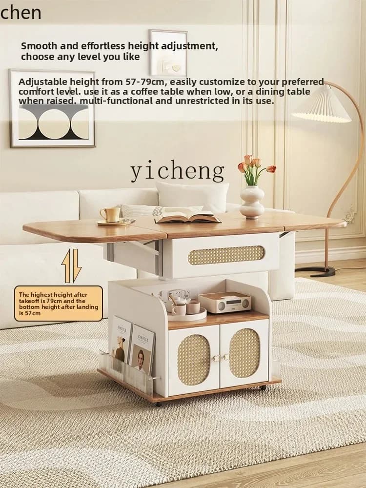 modern cream style home living room multi-functional storage folding lifting pulley movable coffee table