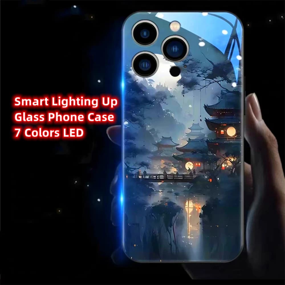 Pretty Serene Moon Pavilion Pattern Smart LED Light Up Glass Phone Case For Samsung Galaxy S26 S25 S24 S23 S22 S21 FE Plus Ultra