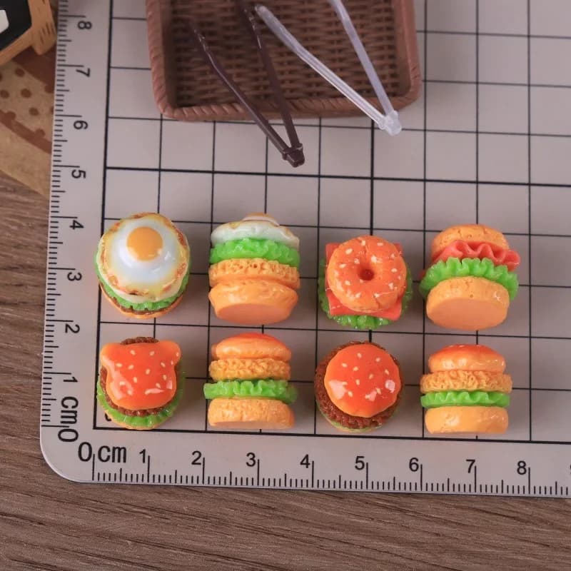 100pcs Kawaii Simulation Miniature Food Egg Beef Burger 3D Resin Cabochon DIY for Keychain Earrings Dollhouse Accessories