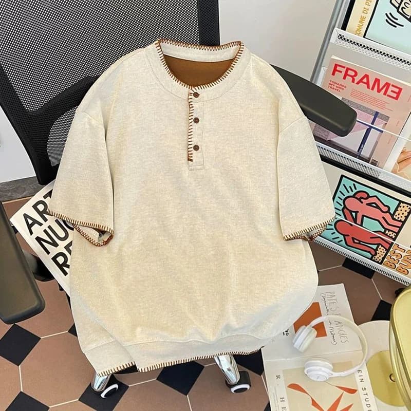 Men Henley Collar Short Sleeve T Shirt Oversized Loose Stitched Edge Top American Vintage Casual Plus Size Designer Streetwear