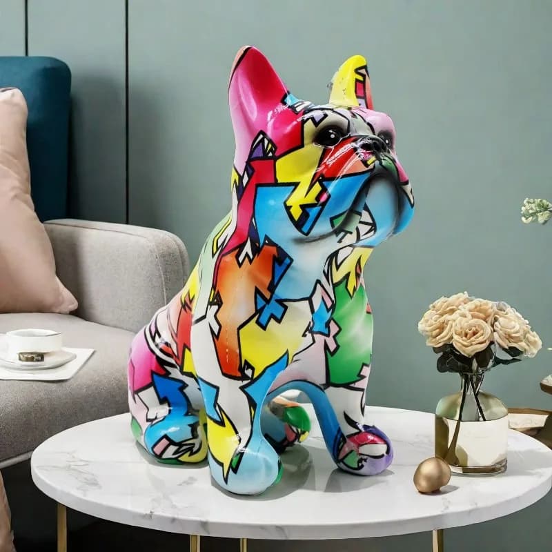 Graffiti French Bulldog Statue Mini Cartoon Colorful Dog Statue Handmade Wave Comic Bulldog Statue Garden Home Decoration