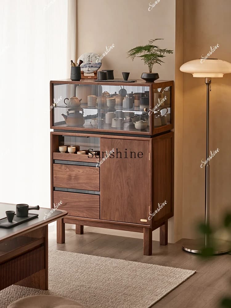 Large and small apartment, TV side cabinet next to solid wood sofa, black walnut simple locker  FT