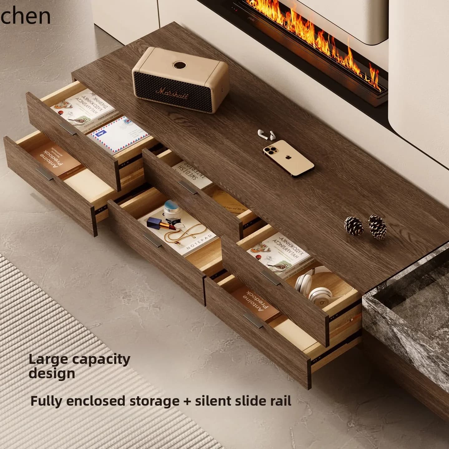 Modern Minimalist Light Luxury Natural Luxury Stone Solid Wood Storage TV Cabinet Living Room Household Floor Cabinet