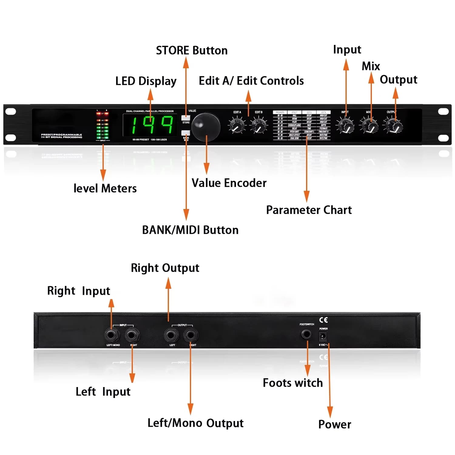 Recordio GAX-4II Professional Digital Reverb and Multi Effect DSP Processor Stereo Active Equalizer Metal Vocal Microphone