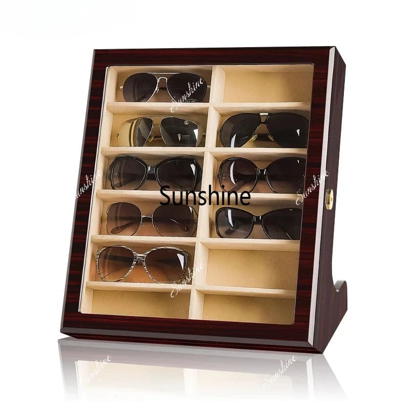 Luxury 12 Slots Spectacles Sunglasses Collection Case Box Wooden Glasses Business Storage Display with Lock Customizable Logo
