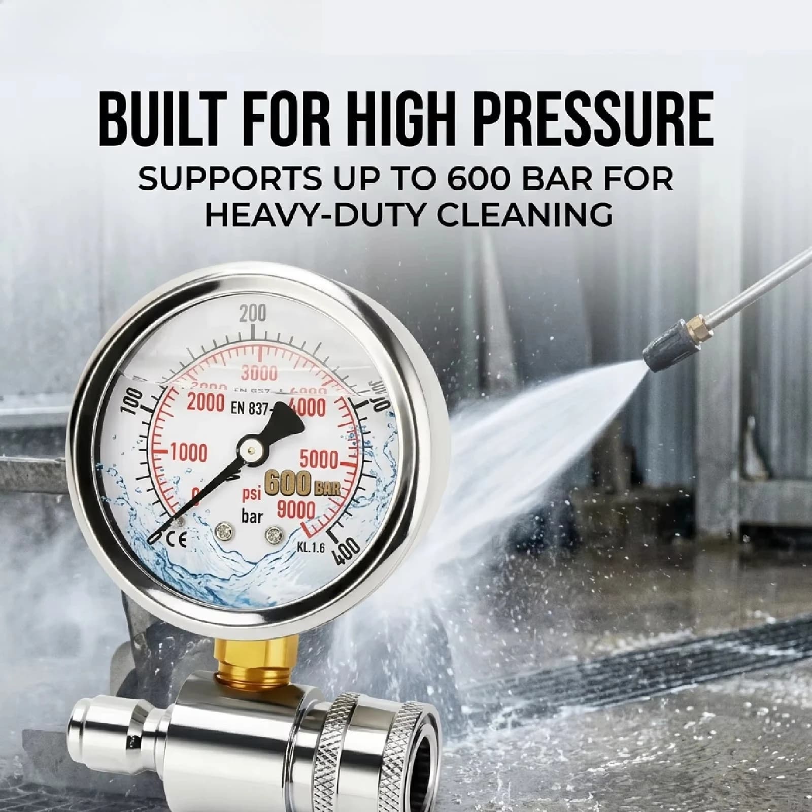 High Pressure Gauge 600Bar PSI 3/8 Pressure Washer Water Cleaning Industrial Gauge Stainless Steel Dual Scale