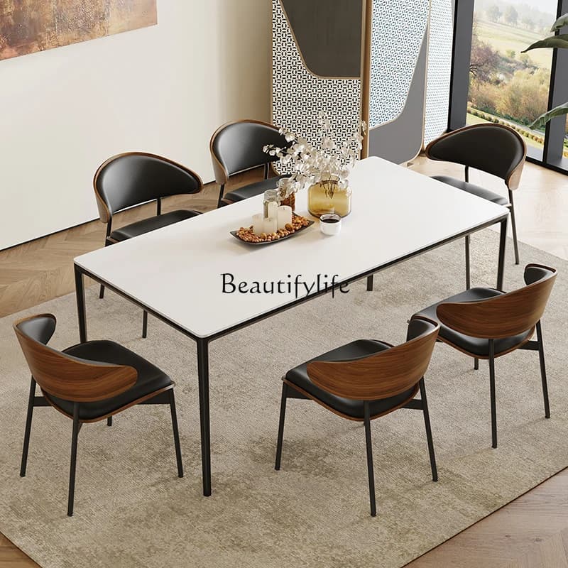 01Aluminum alloy rock slab modern simple dining table with baseplate with beam pure black table