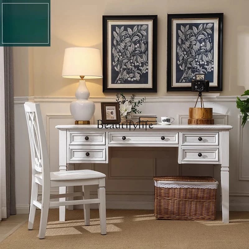 4*Ash wood American desk solid wood Nordic white old simple drawer table computer desk desk