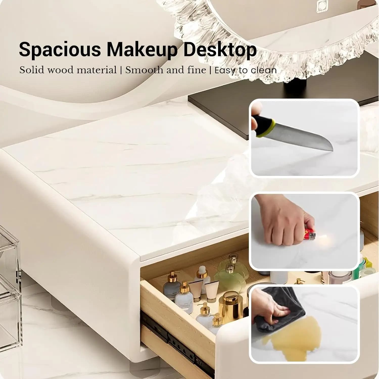 Vanity Desk Set, Luxury Makeup Vanity Table with LED Crystal Mirror & Rock Slab Countertop, Modern Dressing Table Includes Movab