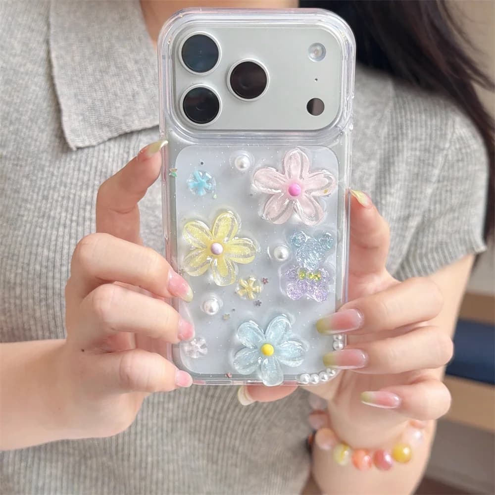 Kawaii Iridescent Jelly Floral Bear Pearl Epoxy Phone Case for 17 Pro Max Floral Clear TPU Protective Cover for iPhone 16 15 14