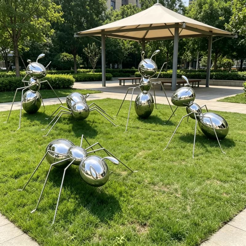 Large Park Landscape Stainless Steel Ant Mirror Sculpture Outdoor Furnishing Artwork Metal Casting Garden Decor