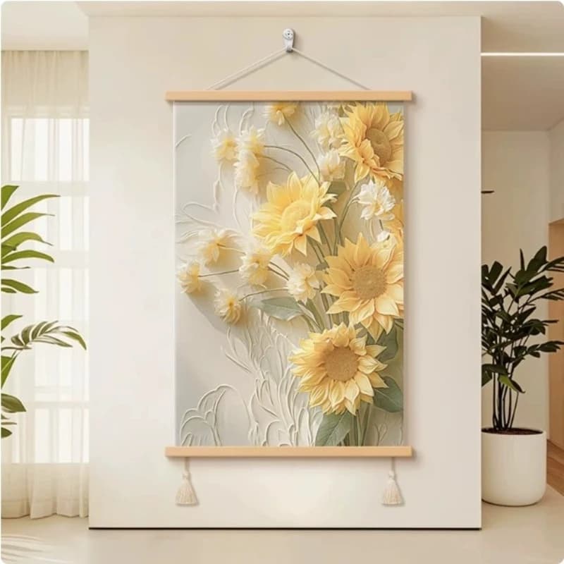 Wall Art Golden Sunflowers and Cream Texture French Style Pearlescent Canvas Hanging Scroll with Wooden Rods for Living Room