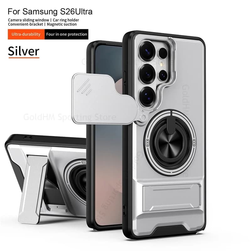 For Samsung S26 Ultra 5G Case Push Window Lens Protector Kickstand Case For Galaxy S26 Ultra Magnetic Ring Stand Heavy Duty Capa