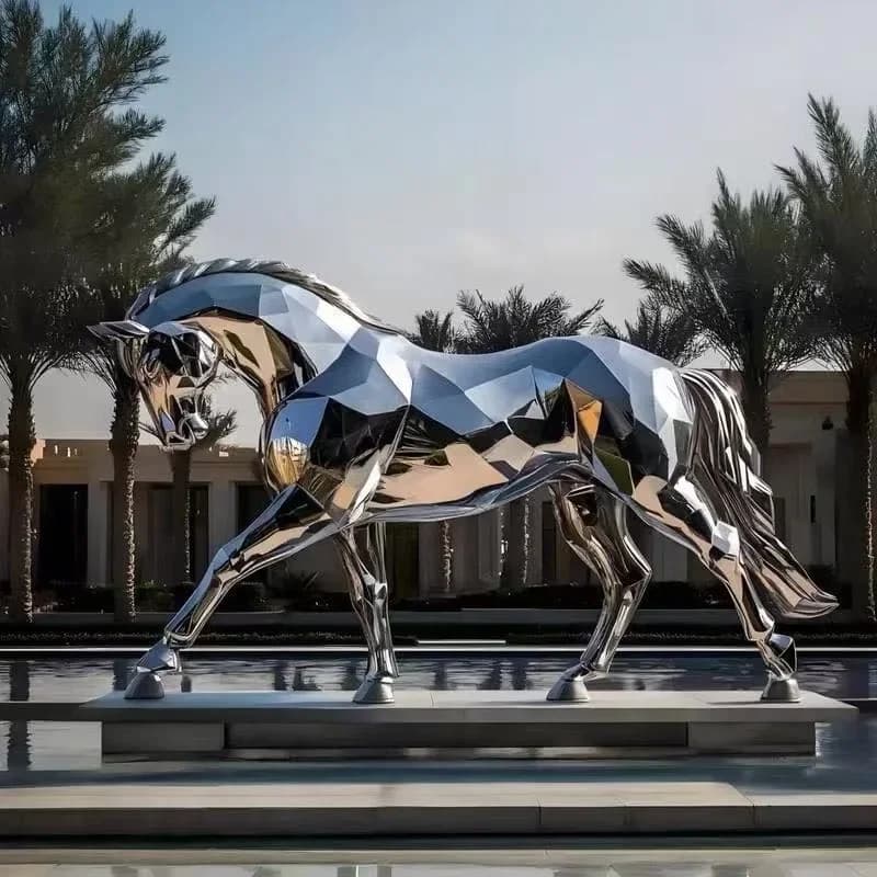 Stainless steel horse sculpture outdoor creative landscape small floor ornament metal white steel animal decoration
