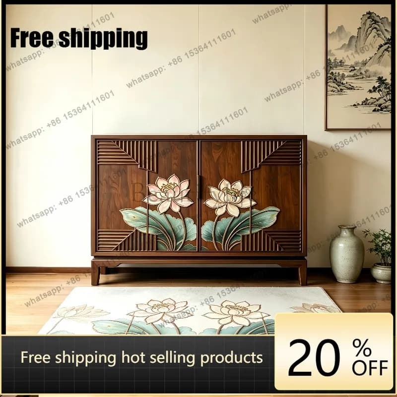 YJ New Chinese Style Solid Black Walnut Sideboard Painted Carved Storage Cabinet Entryway Cabinet Customizable