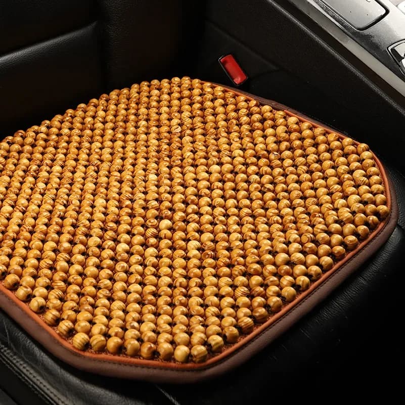 Handcrafted Natural Wooden Bead Massage Car Seat Cushion – Leather Edging,  Anti-Slip Bottom, Breathable & Comfortable