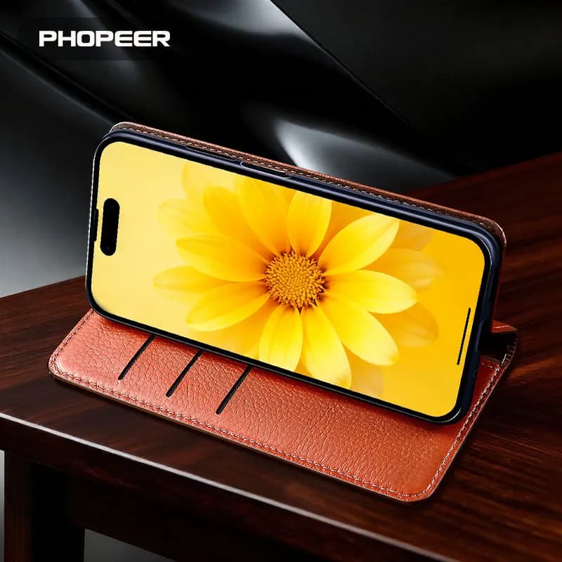 Luxury Genuine Leather Case for iPhone 17 AIR 16 E 15 14 13 12 11 Pro Max Plus Mini Flip Magnetic Slot Wallet Cover Coque