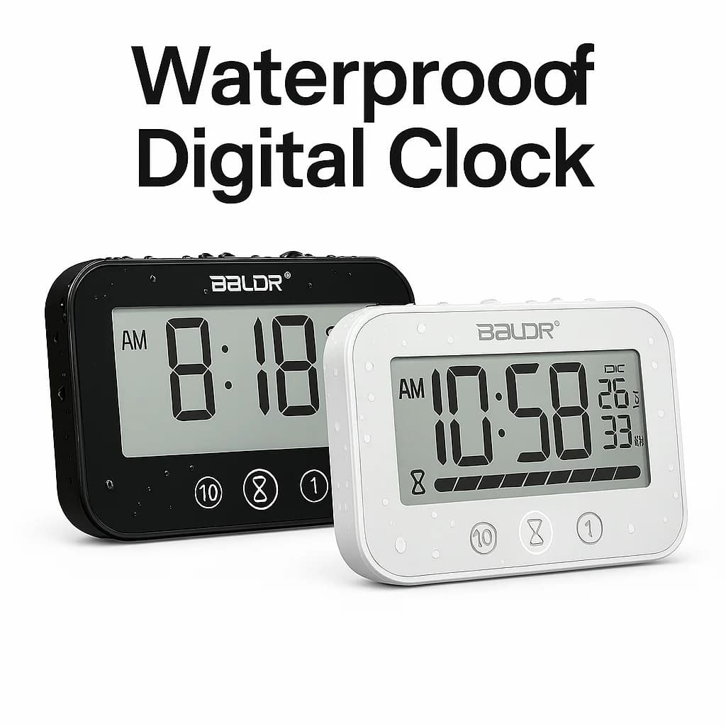 Waterproof Digital Bathroom Clock with Timer, LCD Display for Time, Temp, Humidity, Loud Alarm – Black & White