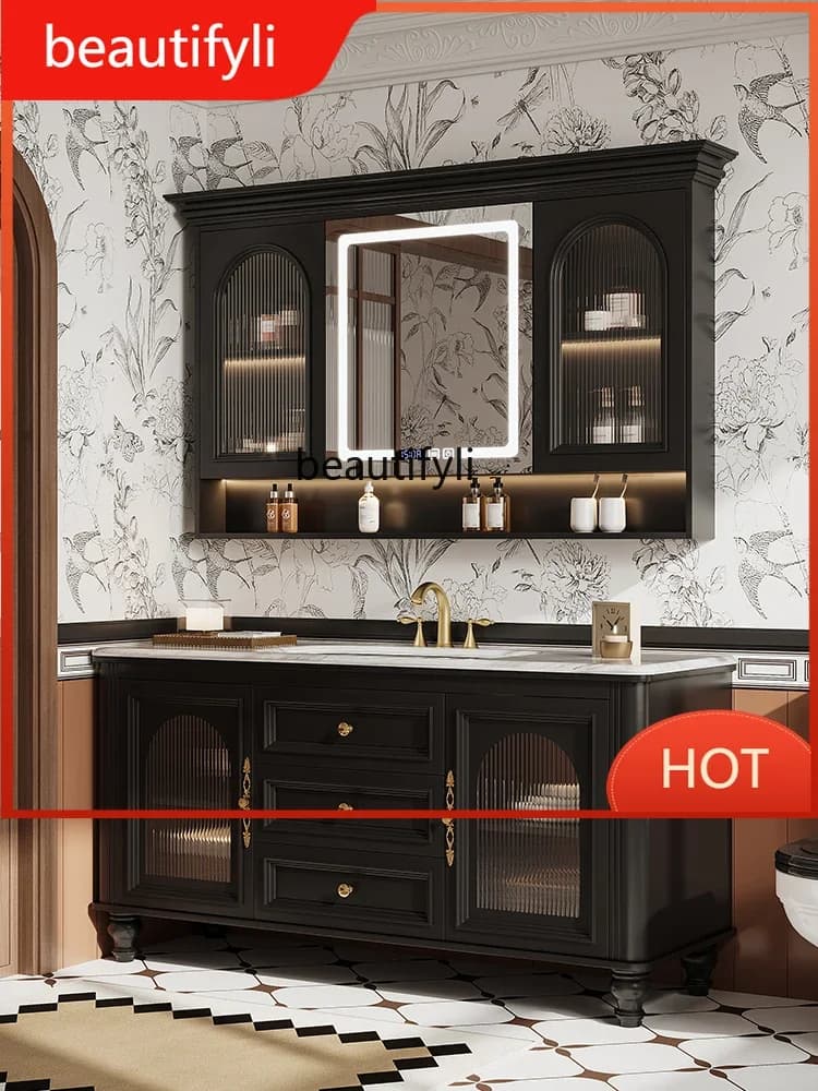 54French Retro Bathroom Cabinet Combination Floor Marble Luxury Stone Bathroom Table Sink Washbasin Cabinet