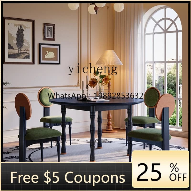 R1  retro round solid wood dining table small apartment household black antique dining table and chairs combination