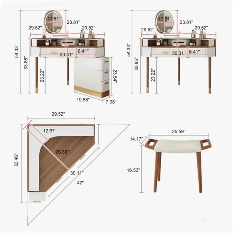 Z Modern Design White Corner Coiffeuse Avec Miroir Led Make Up Wooden Dressing Table With Mirror Q