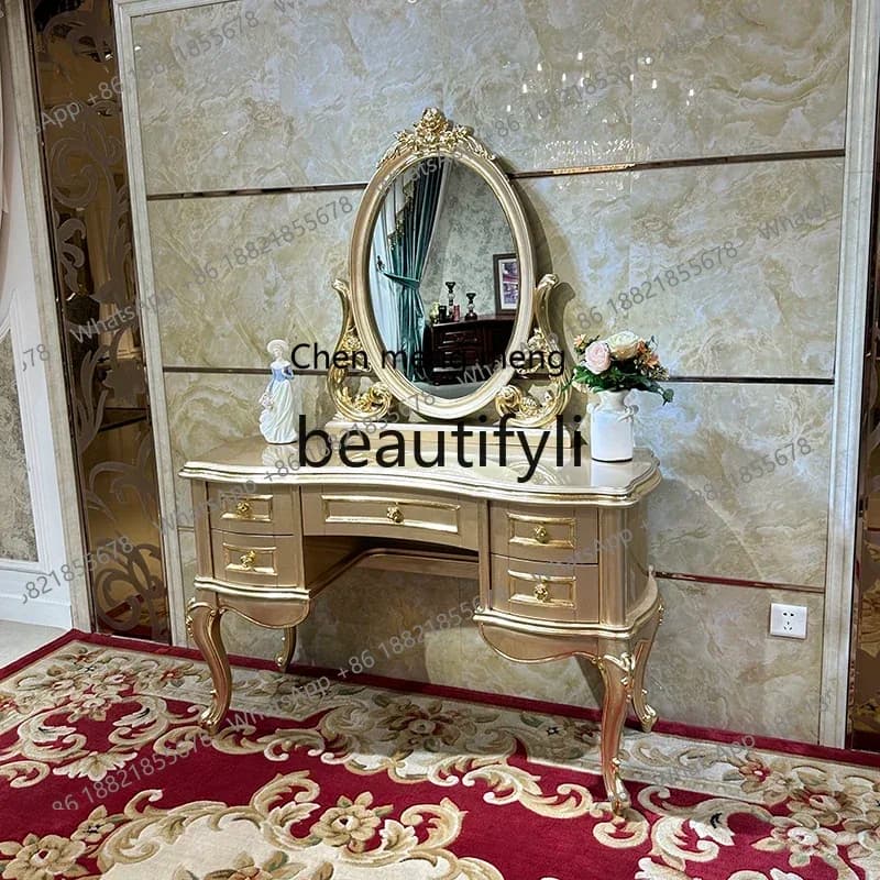 French solid wood luxury dressing table stool, European simple dressing table, bedroom carved curved combination dressing table2