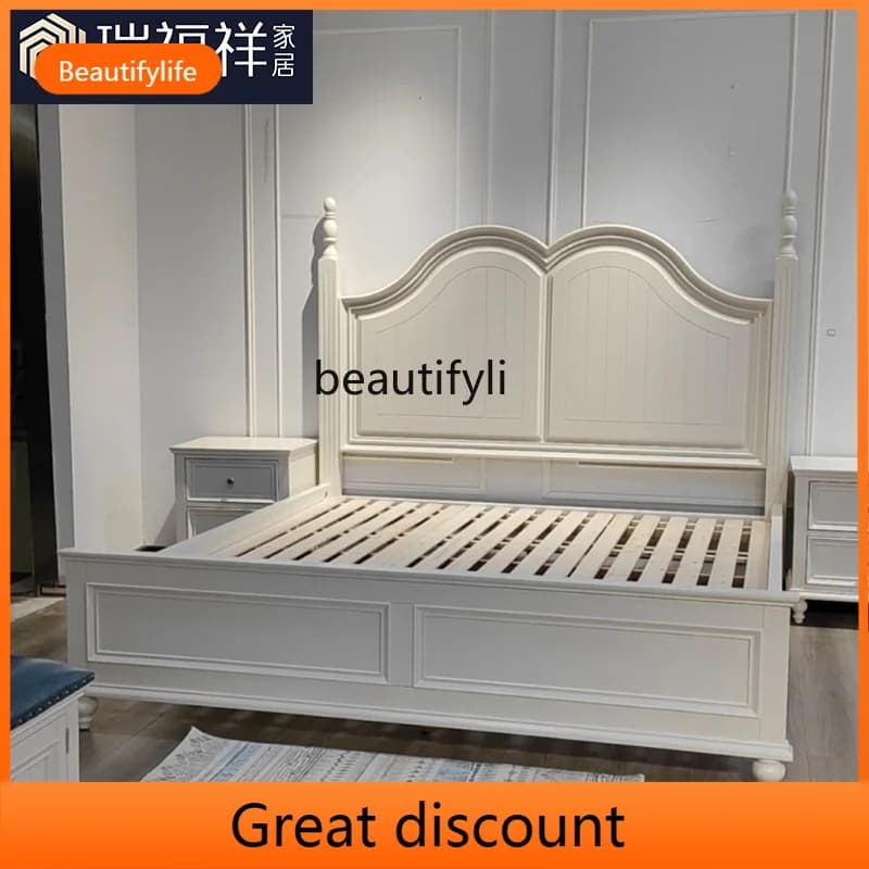 Asmt45 White Chinese wood American all solid wood bed 1.8 meters bedroom Roman column queen bed Princess bed