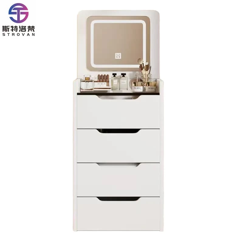 Modern Wooden Panel Dressing Table Lighted Mirror Cream White Pink Vanity Desk Makeup Storage Organizer Apartment Assembled