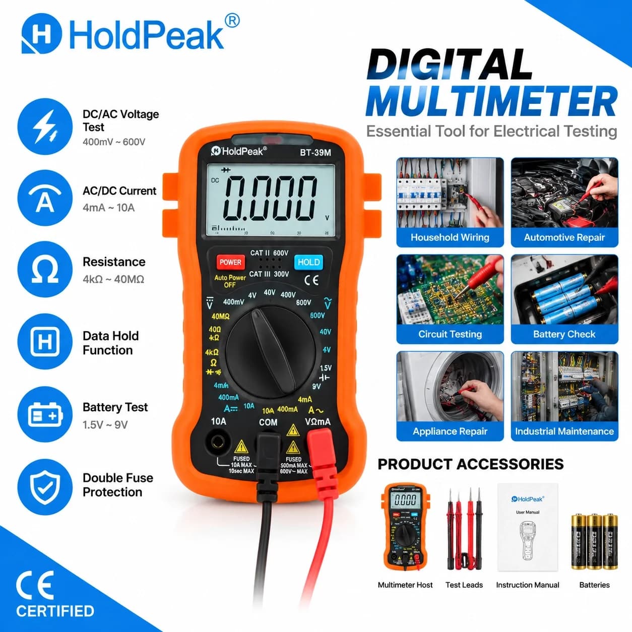 BTMETER 39M Digital Multimeter 4000 Counts True RMS AC/DC Voltage Current Resistance Battery Test Continuity Buzzer
