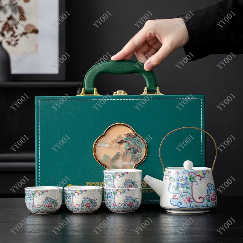 Enamel Handmade Silver Handle Teapot Set 1 Pot 4 Cups Kung Fu Tea Set Business Gift