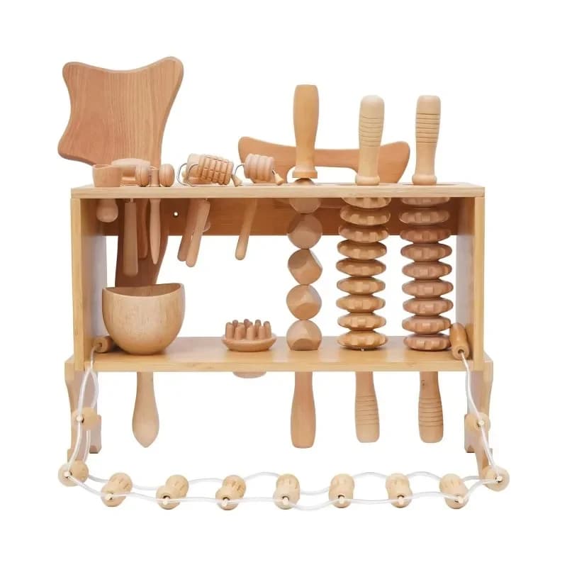 Wood Therapy Massage Tools Complete Wooden Massager Kit for Lymphatic Drainage  with Luxury Storage Shelf