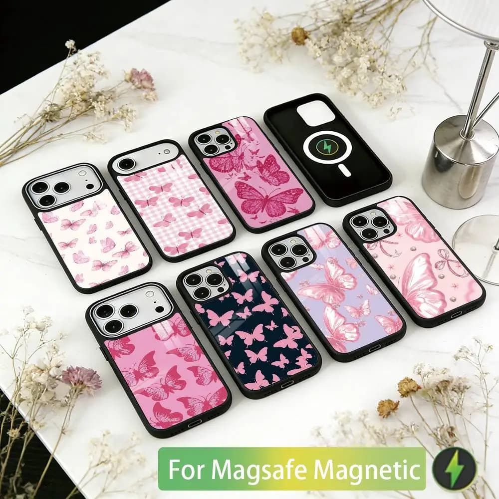 Pink Butterfly Pattern Phone Case For iPhone17,16,15,14,13,12,11 Plus,Pro Magnetic For Magsafe Wireless Charging