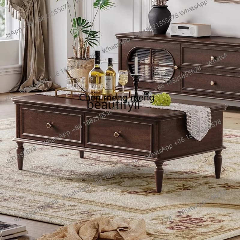 Coffee table American retro country home living room rectangular walnut solid wood four pumping long coffee table