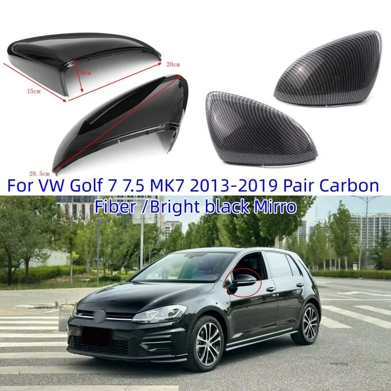 For VW Golf 7 7.5 MK7 2013-2019 Pair Carbon Fiber /Bright Black Mirror Cover Rear View Side Mirror Cap