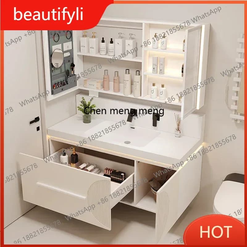 D80 Smart Bathroom Cabinet Combination Solid Wood Hand Wash Basin Seamless Basin Bathroom Cabinet Light Luxury Furniture