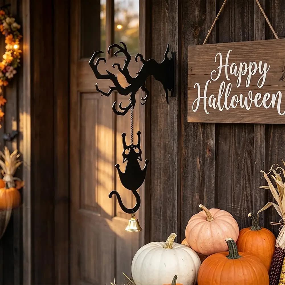 Festival Theme Settings Halloween Welcome Sign with Bell Black Cat Wall Mount Decor Ghost Outdoor Porch Ornament Door Bell