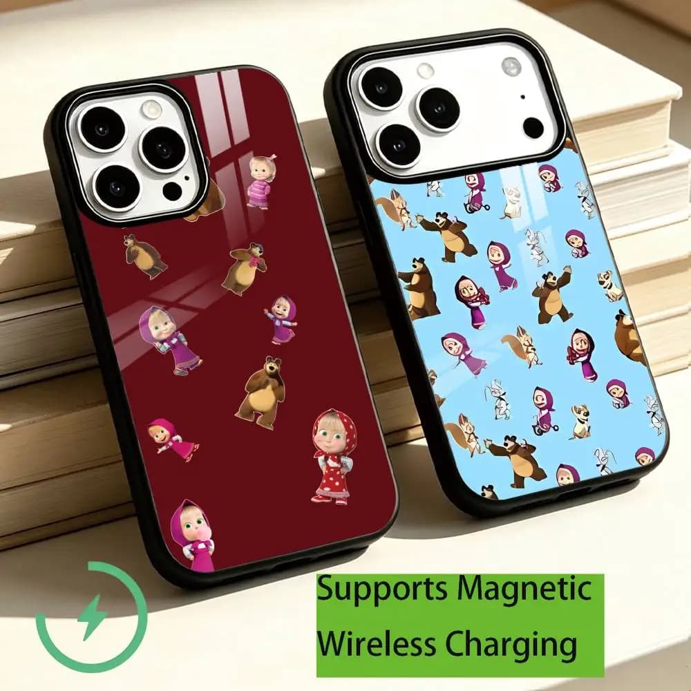 Cute cartoon Masha and the Bear Phone Case For iPhone18,17,16,15,14,13,12,11 Plus,Pro Allows magnetic wireless charging Gift