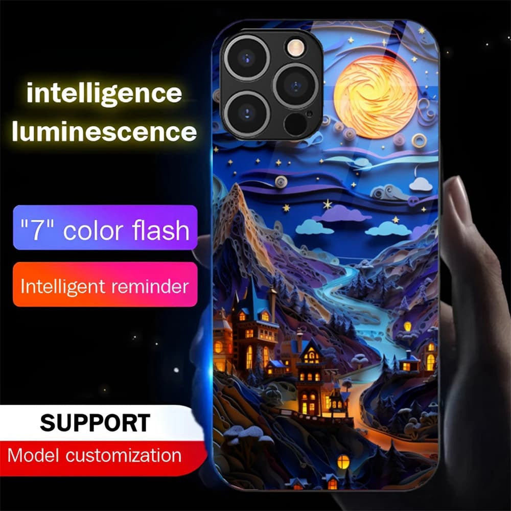 Japanese Landscape Led Light Phone Case Call Flash Glitter Cover For iPhone Air 17 16 E 15 14 13 12 11 Pro Max X XS XR Plus
