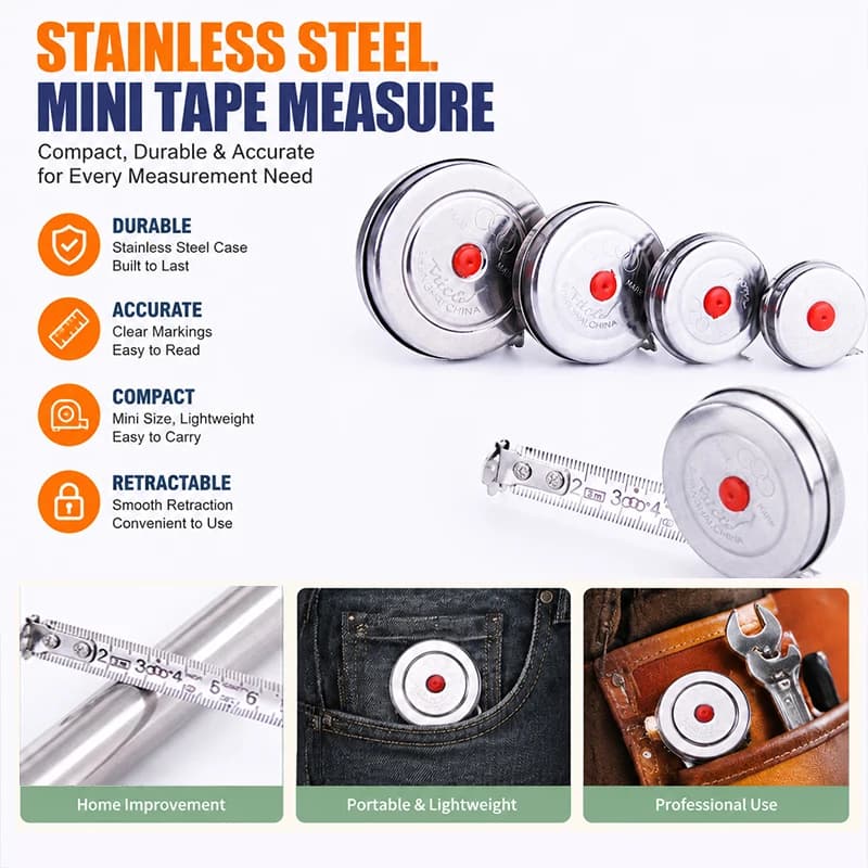 Metal Case Mini Tape Ruler Stainless Steel Metric Retractable Measure Tool for Handyman Carpenter Household Projects