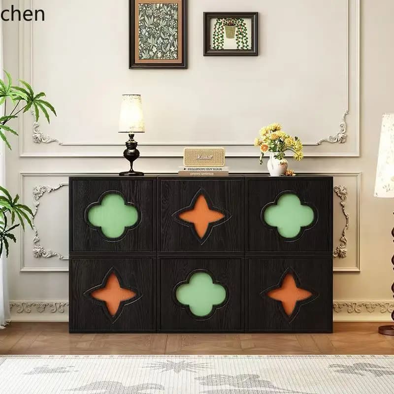 PYH Retro Style Solid Wood TV Cabinet Combination Card Door Floor Bedside Module Combination Chest of Drawers